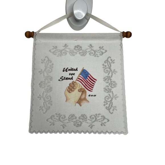 Vintage Banner Lace 911 Flag USA “United we Stand” Clasped Hands Unity Patriotic - Picture 13 of 13